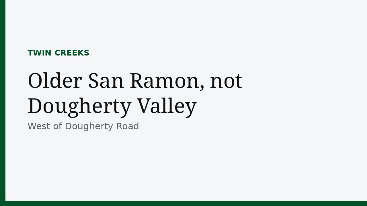 Typographic cover for Twin Creeks: older San Ramon, not Dougherty Valley. Not a street photo.