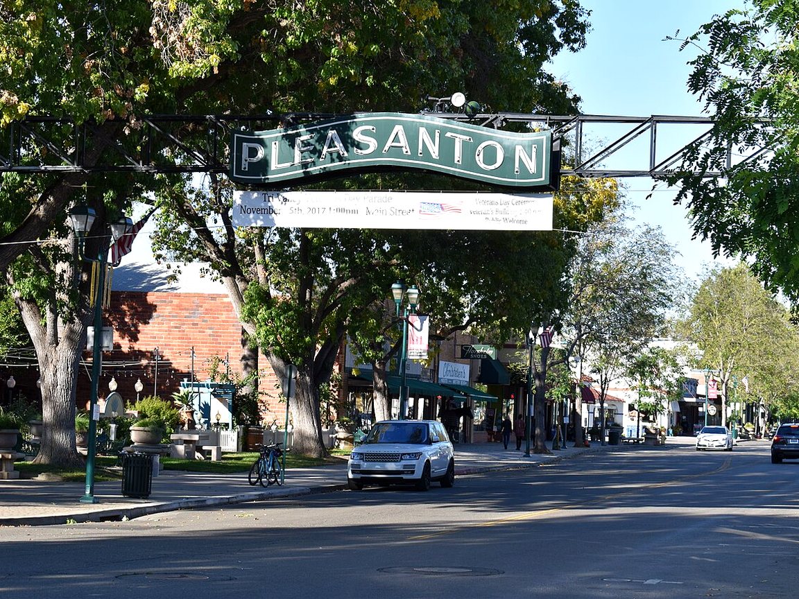 Main Street in downtown Pleasanton under the city banner